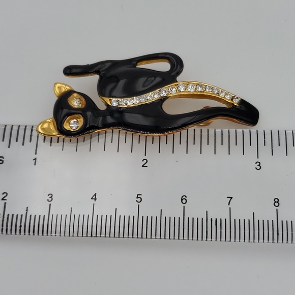 Black Enamel & Rhinestone Cat Brooch - Picture 5 of 5